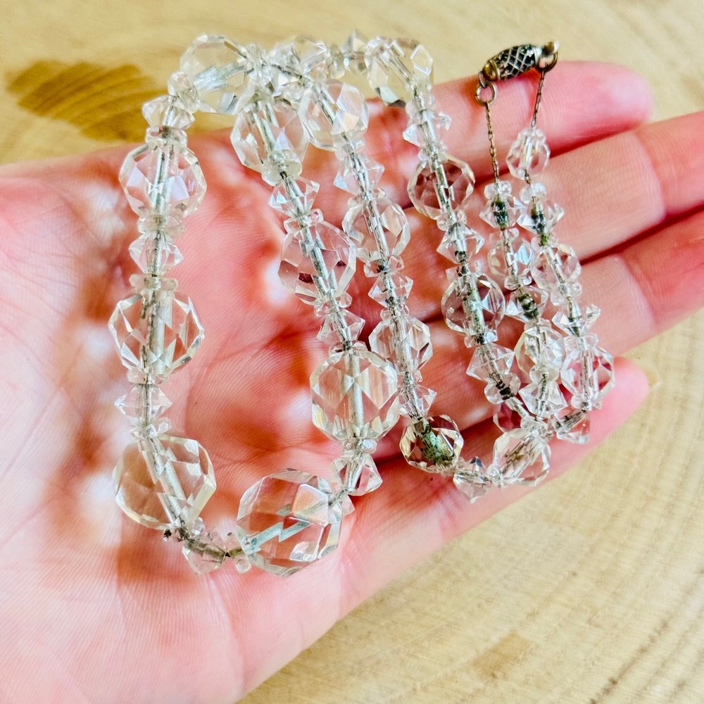VTG Art Deco Czech Art Glass necklace Flapper beaded clear carved beads 18"
